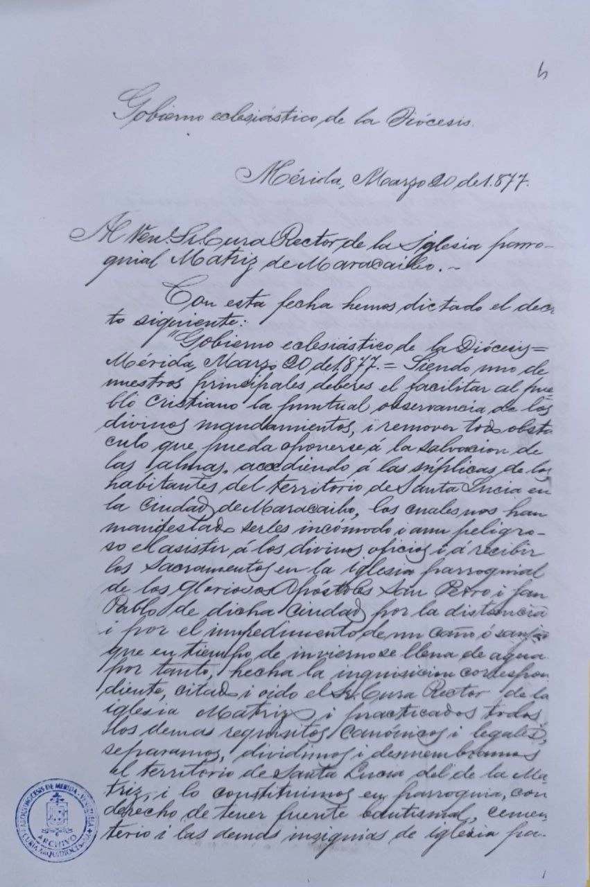 Folio 1 del decreto de erección de la Parroquia Santa Lucía, 1877