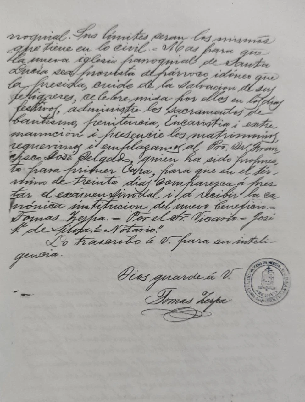 Folio 2 del decreto con la firma de Tomás Zerpa