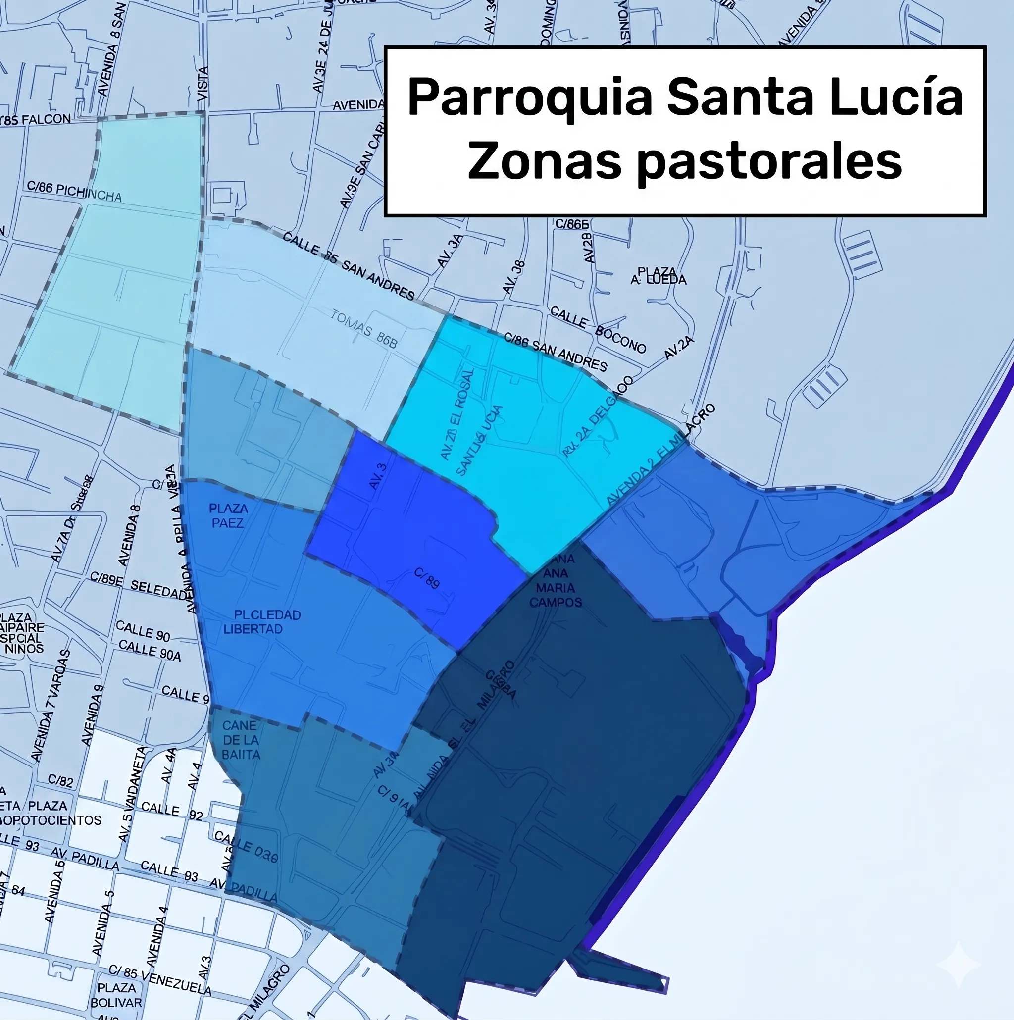 Mapa de las zonas pastorales de la Parroquia Santa Lucía