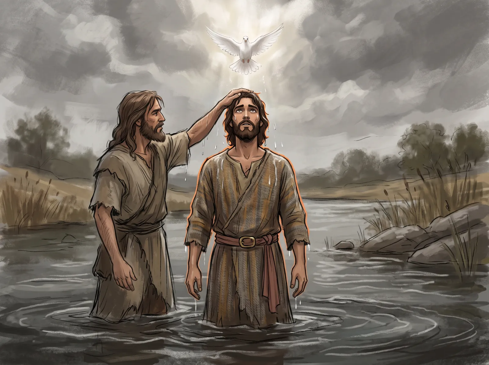 Ilustración del Bautismo del Señor: Juan bautiza a Jesús en el Jordán y el Espíritu Santo desciende en forma de paloma