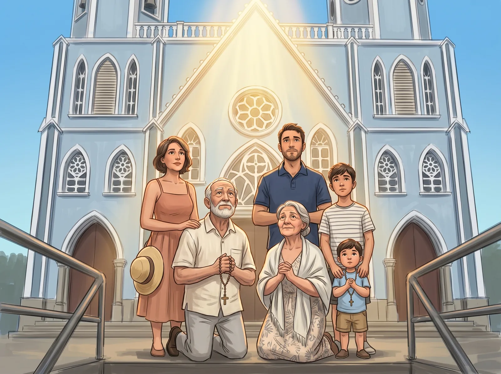 Ilustración de una familia de varias generaciones orando ante la fachada de la iglesia de Santa Lucía