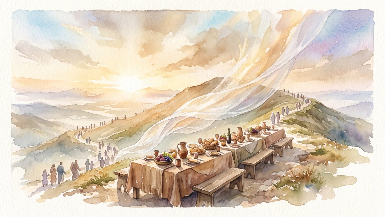 Acuarela de un monte al amanecer con una mesa de banquete y un velo blanco que se levanta con el viento hacia la luz.