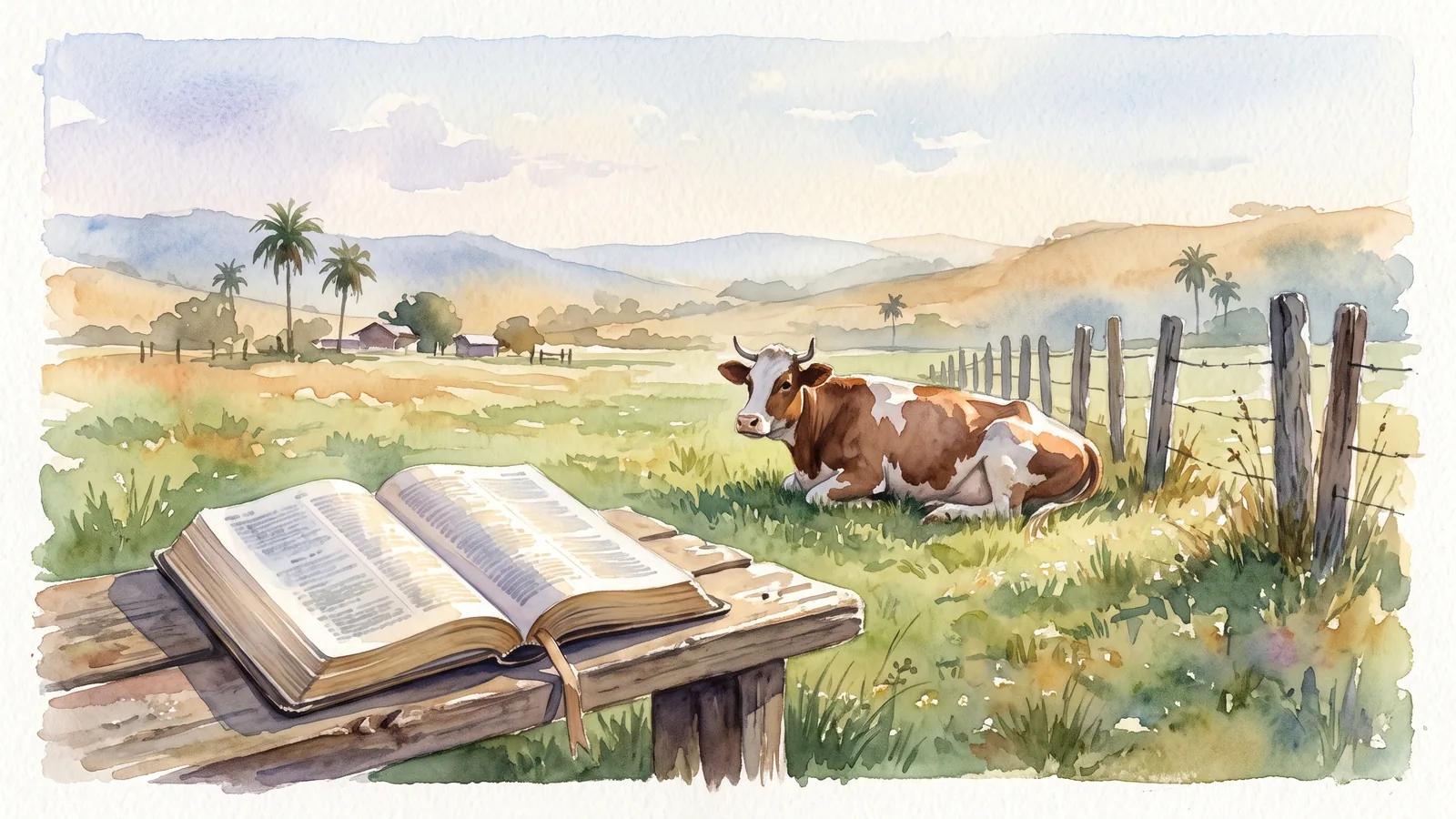 Acuarela de una vaca echada en un potrero verde junto a una cerca de madera, con una Biblia abierta sobre un banco rústico en primer plano y palmeras al fondo.