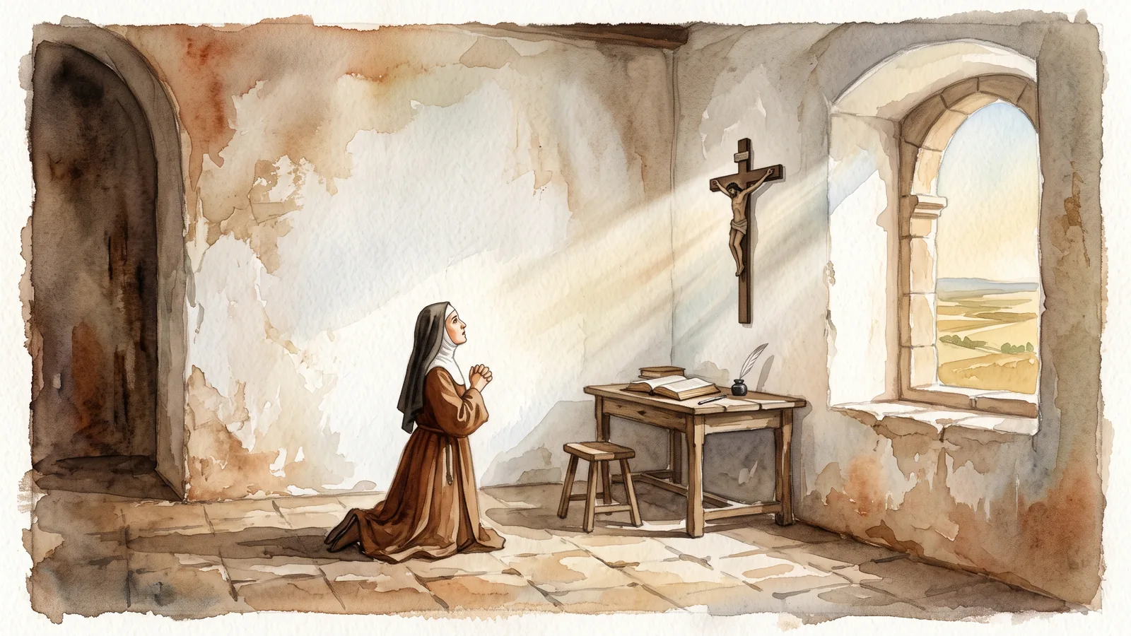 Acuarela de santa Teresa de Ávila con hábito carmelita, arrodillada en oración en una celda encalada ante un crucifijo de madera, con un libro abierto y una pluma sobre la mesa y, por una ventana en arco, los campos de Castilla bajo un cielo luminoso.