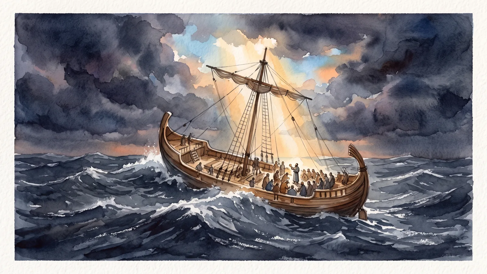 Acuarela de un antiguo barco de vela en un mar agitado al atardecer; en cubierta, un hombre de túnica sostiene en alto un pan partido mientras los marineros lo rodean, y entre las nubes se abre una luz cálida.