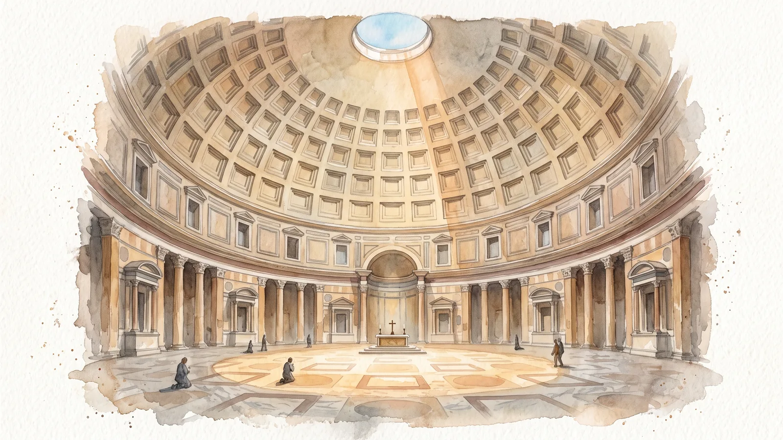 Acuarela del interior del Panteón de Roma: la gran cúpula de casetones con el óculo abierto deja caer un haz de luz dorada sobre un sencillo altar de piedra con una cruz, y algunas figuras pequeñas rezan de rodillas en la sala circular.