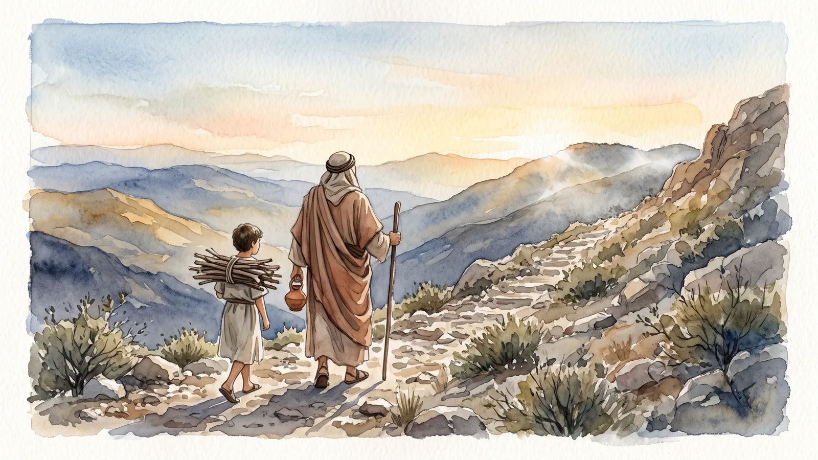 Acuarela de Abraham y el joven Isaac subiendo juntos un monte al amanecer, de espaldas, bajo un cielo claro.