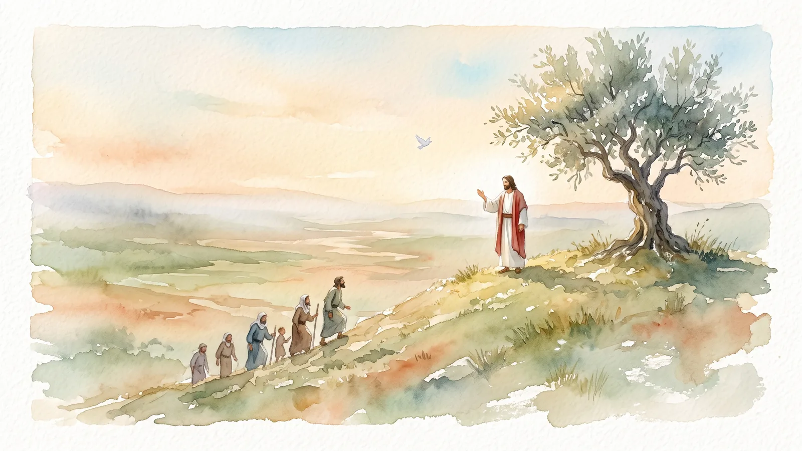 Acuarela de Jesús de pie junto a un olivo en lo alto de una colina al amanecer, bendiciendo a un grupo de personas que sube hacia él, con una paloma blanca en el cielo.